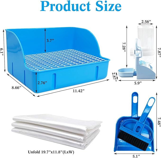 kathson Rabbit Litter Box Toilet Pet Potty Trainer Cage Corner Tray Pan Litter Bedding Box Hanging Water Fountain Automatic Dispenser for Adult Guinea Pigs Rabbits Hamster Chinchilla Ferret Blue