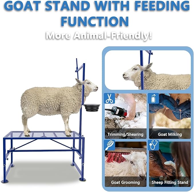 400 LBs Goat Milk Stand for Pygmy and Dwarf Goats, Goat Stand with Feed Bin, Goat Milking Stand for Sheep Trimming and Milking, Hoof Trimming Stand Adjustable Size, Iron Blue
