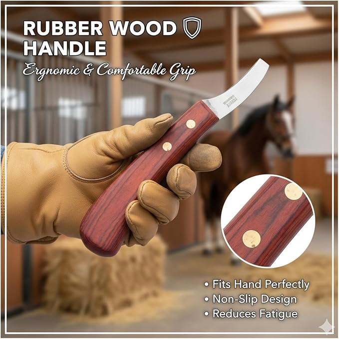Professional Hoof Trimmer, Sharp Stainless Steel Hoof Knife for Horses, Goats & Cattle, Ergonomic Wood Handle Shears for Farrier & Livestock Hoof Care, Non-Slip Grip