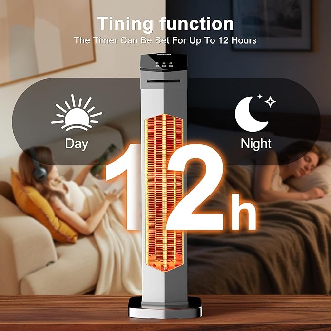 AKIRES 37IN Outdoor Electric Patio Heater,Portable Infrared Heaters With Remote,IP54 Waterproof Tower Space Heater,12H Timer,Large Room Heater for Garage Backyard Porch Balcony Shop Patio,Silver