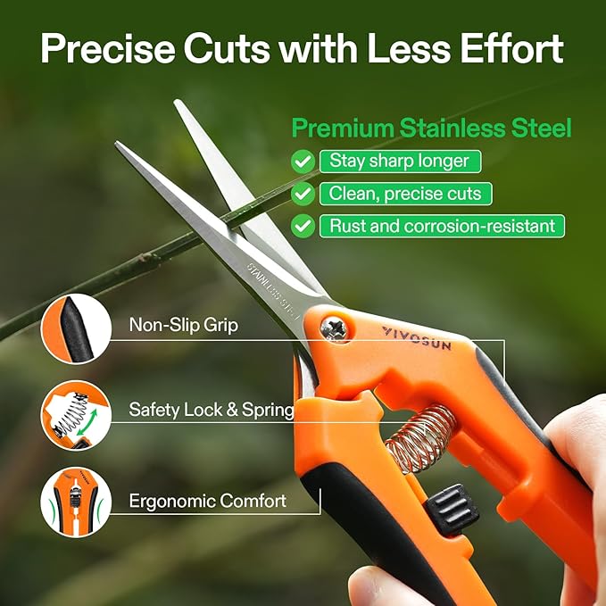 VIVOSUN 6.5 Inch Gardening Scissors Hand Pruner Pruning Shear with Straight Stainless Steel Blades Orange 1-Pack