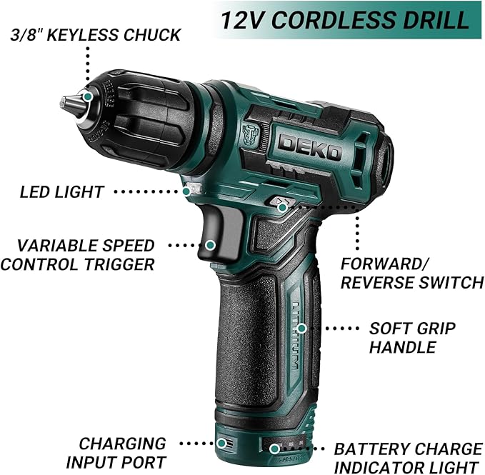 Tool Set: Tool Kit with 12V Cordless Drill, Hand Toolbox with storage case, Mechanic Tool set for Home Repairs, Green