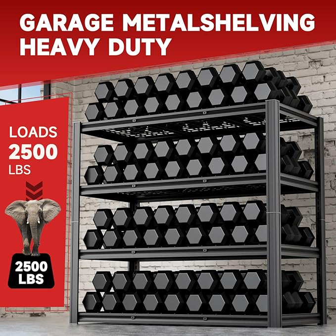 4-Tier 60”W Garage Shelving Heavy Duty 2500LBS Garage Storage Rack 60" W Basement Warehouse Storage Shelves Units Adjustable Metal Shelf for Garages(Black)