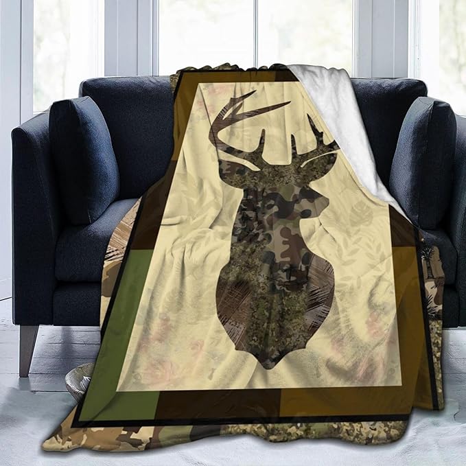 Deer Blanket Camo Hunting Throw Blanket Cozy Plush Dad Elk Fleece Flannel Ultra Soft Blankets Lightweight Fuzzy Warm Gifts for Adults Men 80"X60"
