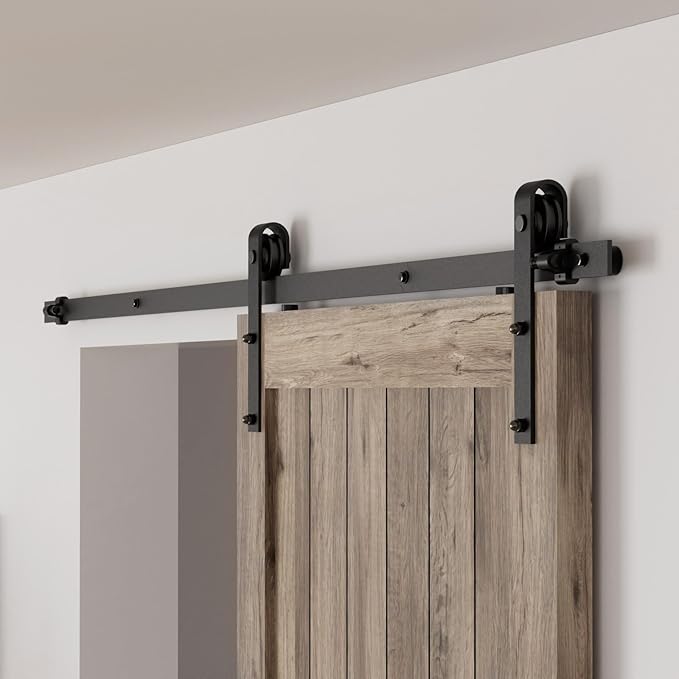 CCJH 5FT Single Sliding Barn Door Hardware Kit Black Basic Roller Carbon Steel Hanger Flat Track System for Closet Kitchen 1 Door 30 inch Wide