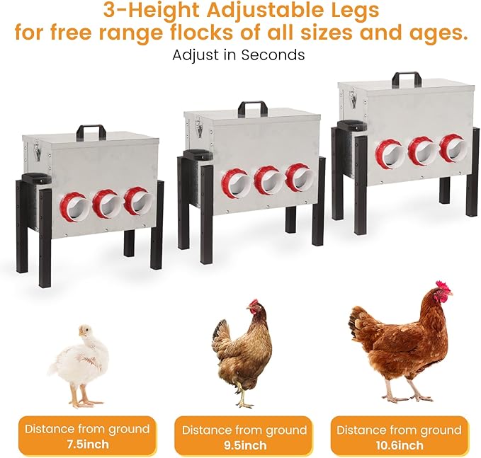 30LB Automatic Chicken Feeder with Cover – Large Capacity Metal Chicken Coop Feeder with 6 Feed Ports, Adjustable Legs Rainproof No Waste Outdoor Poultry Feeder for Hens & Free Range Flocks