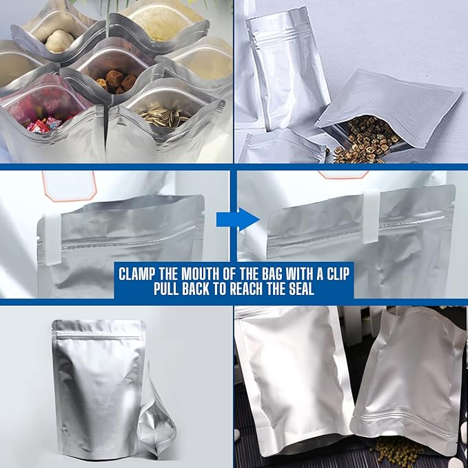 100 Pack Mylar Bags for Food Storage with 100x300cc Oxygen Absorbers - 9 Mil 10"x14", 9Mil 6"x9", 9Mil 4.3"x6.3" - Resealable Bags for Packaging Products & Ziplock Food Grade Bag for Storage