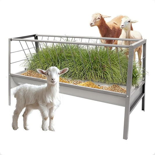 Pasture Hay Feeder 2 in 1 55 Gallon Livestock Feed Trough with 22 Gallon Feed Pan Hay Grain Livestock Feeder for Sheep, Calf, Cow and Horse