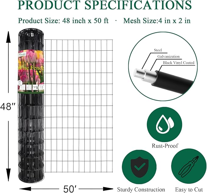Black PVC Coated Welded Wire Fence 48 Inch x 50 Foot, 2 Inch x 4 Inch 15GA, Garden Border Fencing Roll Vinyl Coating Metal Wire Mesh Hardware Cloth for Yard Vegetable Plant Protection
