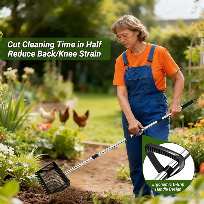 2-in-1 Chicken Poop Scooper & Rake,Chicken Coop Scoop with 304 Stainless Steel Shovel Head, Sand Sifting Litter Shovel (37 to 78")