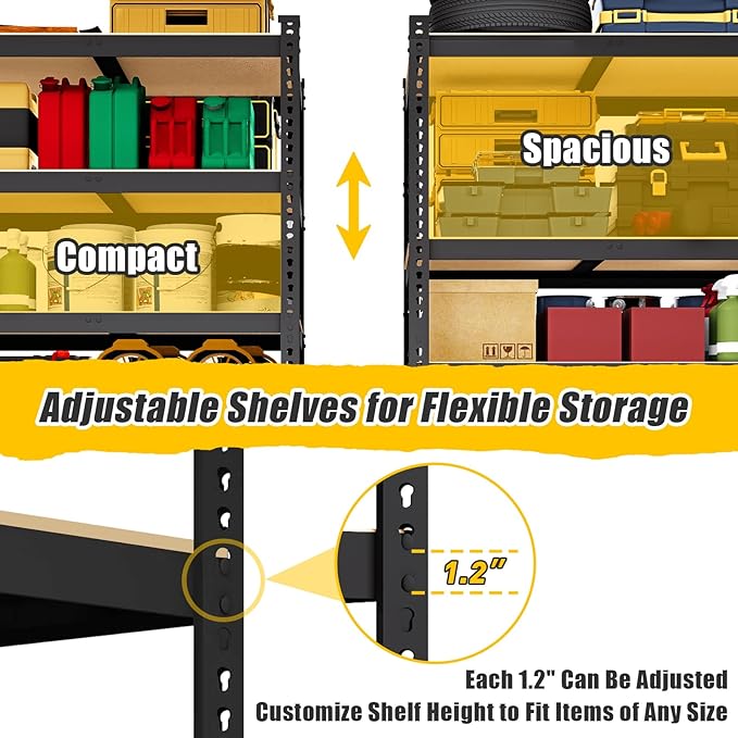 48" W x 24" D x 72" H Garage Shelving Heavy Duty - 5 Tier Metal Storage Shelves, Adjustable Shelving Unit, Utility Rack Shelf for Pantry, Warehouse, Closet, Office, Kitchen, Black