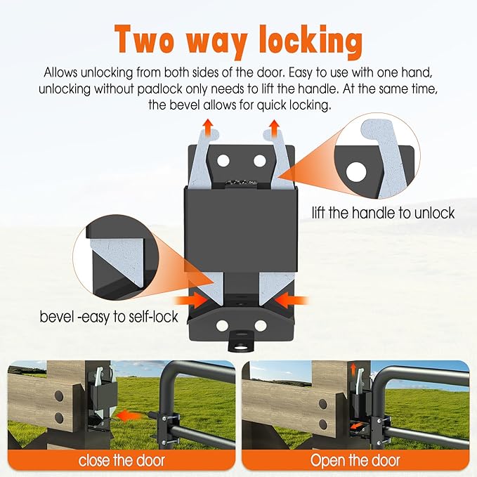 2 Way Farm Gate Latch Heavy Duty - Fence Gate Latch for Metal Gates with Padlock, Anti-Sag Two Way Livestock Fence Gate Latch Hardware for Horse Corrals, Ranches, Pastures, Pet Cages, Stables