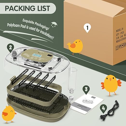 24 Egg Incubator with Automatic Turning, Temperature and Humidity Control, LED Egg Candler, and Auto Water Addition, for Hatching Chicken, Goose, Duck, Quail, Pigeon, and Turkey Eggs