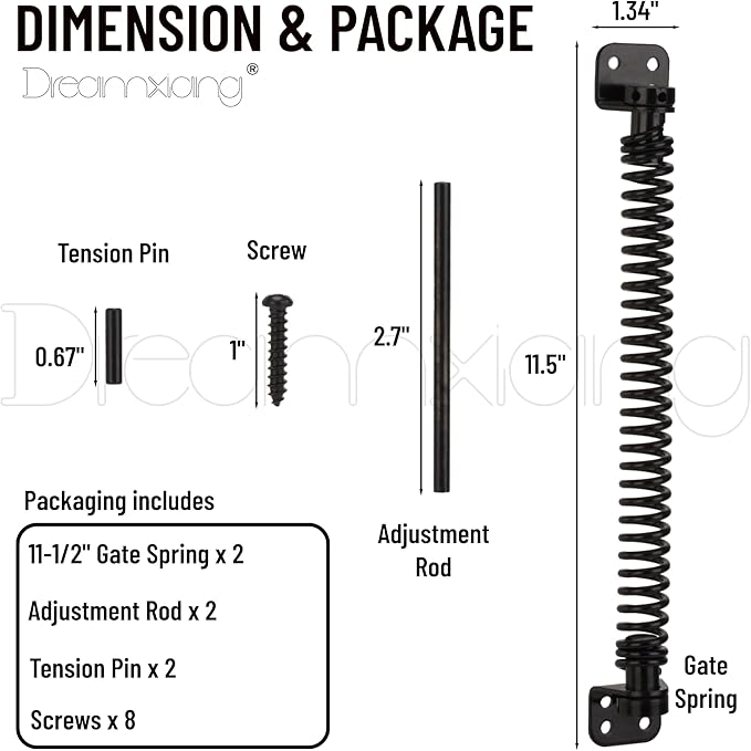 11-1/2" Gate Spring Self Closing Heavy Duty Outdoor Door Spring Automatic Fence Gate Closure Hardware Spring Loaded Gate Latch with Adjustable Tool for Wooden and Vinyl Fence, Black (2 Pack)