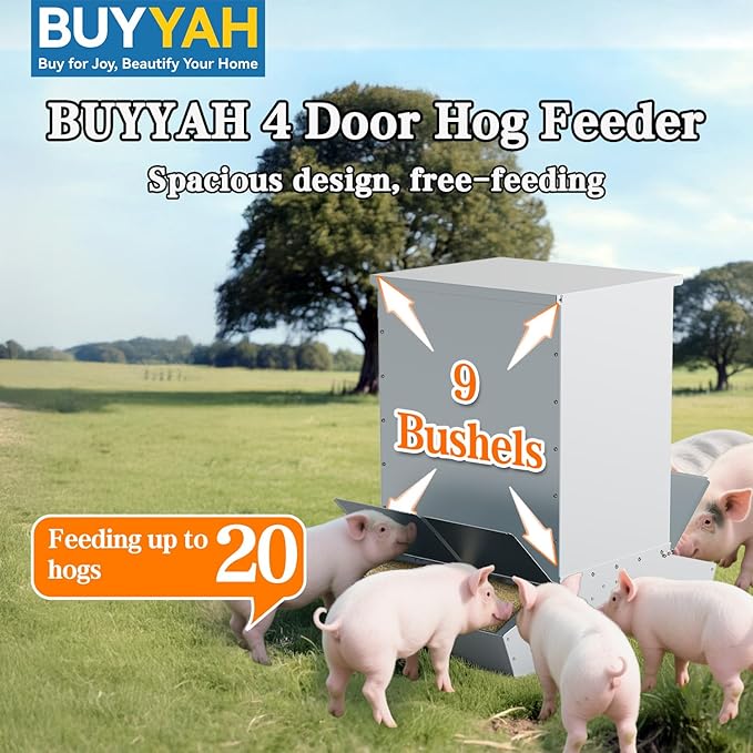 4 Door Hog Feeder, 9 Bushels Pig Feeder, Heavy Duty Galvanized Steel Piglet Creep Feeder, Outdoor Livestock Feeder Farm Accessory for 20 Full Grown Hogs and Pigs, Silver