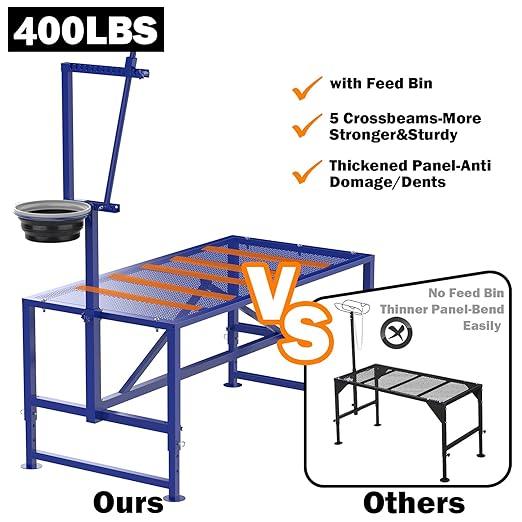 Goat Milking Stand with Feeder, Goat Stand for Trimming Hooves, with Adjustable Head Piece and Legs, Metal Blue Use for Livestock，400 Lbs for Small Sheep and Goat