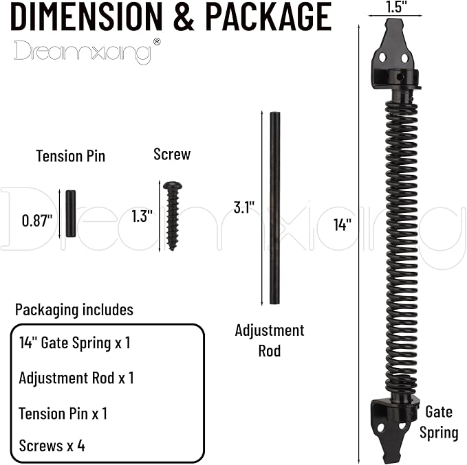 14" Gate Spring Self Closing Heavy Duty Outdoor Door Spring Automatic Fence Gate Closure Hardware Spring Loaded Gate Latch with Adjustable Tool for Wooden and Vinyl Fence, Black (1 Pack)