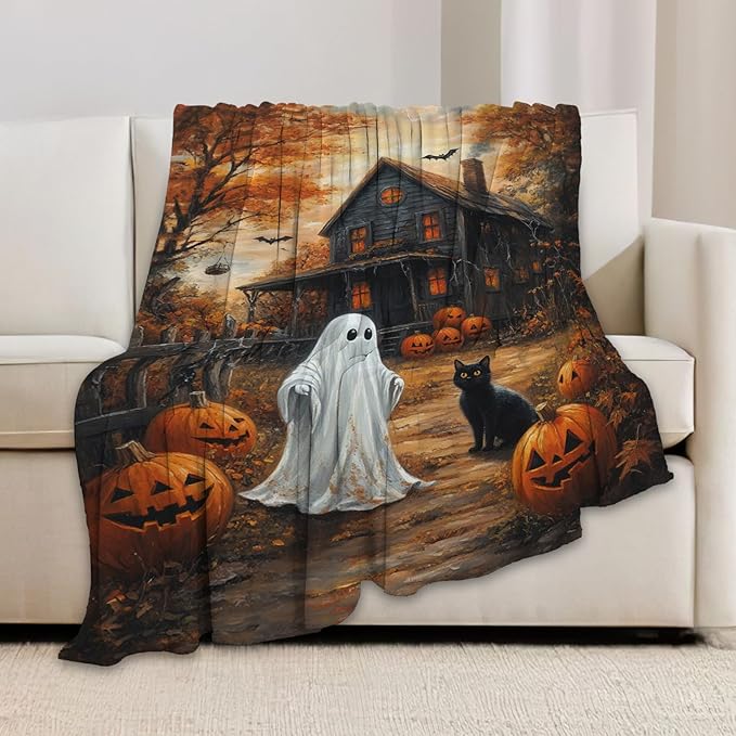 Halloween Blanket, Ghost Black Cat Fleece Flannel Throw Blanket, Pumpkin Soft Lightweight Stuff Throws Gifts for Women Men Boys Girls Lovers Adults Lovers Sofa Decor 60"x50"