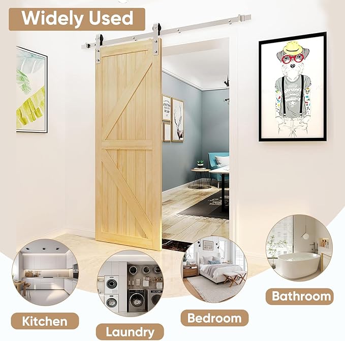 JUBEST 6 FT Brushed Nickel Sliding Barn Door Hardware Kit Smoothly and Quietly Hanger Roller Flat Track Kit, J Shape Roller Heavy Duty Nickle Barn Door Track,Easy to Install
