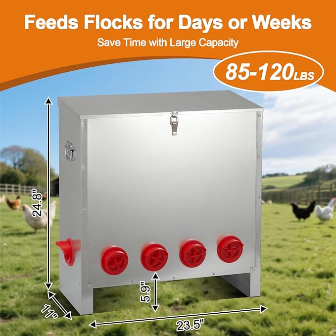 Automatic Chicken Feeder 85-120lbs Capacity, Galvanized Metal Poultry Feeding Equipment, Rainproof & Rodent Proof Large Chicken Food Dispenser for Backyard Coop & Farm Use (6 Ports)