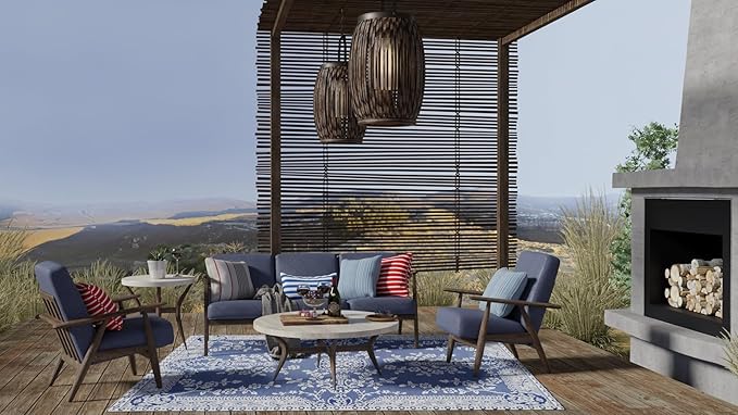 Mad Mats Traditional Outdoor Rug, Reversible Plastic Mat (5' x 8', Oriental Garland - Blue/White)
