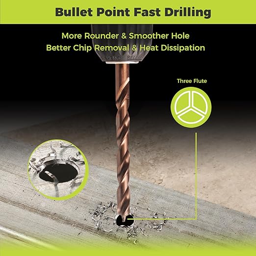 21-Piece Cobalt Drill Bit Set, M35 HSS Titanium Coated Twist Drill Bits with Dash Point and 135 Degree Points, 3 Flat Shanks, for Hard Metal, Stainless Steel, Cast Iron, Plastic
