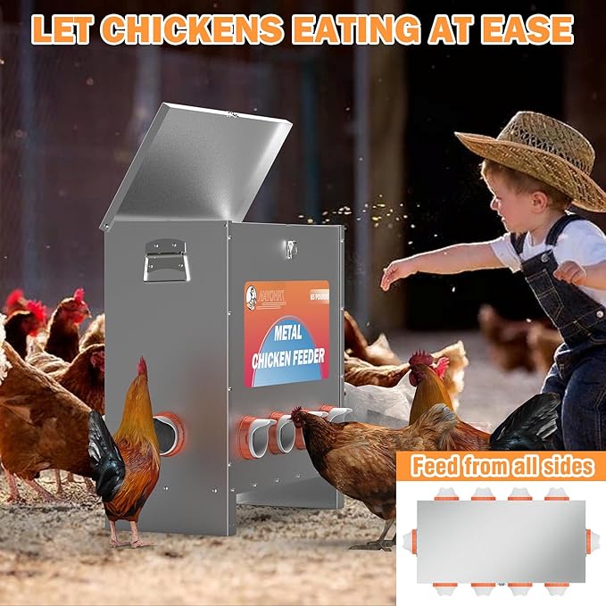 85-120LBS Capacity Chicken Feeder No Waste 10-Ports Automatic Large Poultry Feeder with Latch & Handle for Chickens Bantams Pheasants Poultry Coop Weatherproof