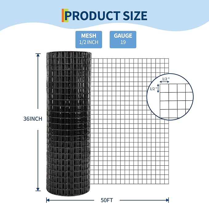 Hardware Cloth 1/2 inch - 36in x 50ft 19GA Black Galvanized Chicken Wire Mesh Roll, Hot-Dipped After Welding for Chicken Coop, Rabbit Cages & Garden Fencing – Poultry Netting & Chicken Wire Fencing