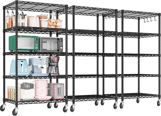 PrimeZone Wire Shelving Unit with Wheels, 5 Tier Adjustable NSF Certified Heavy Duty Metal Storage Shelves, Pantry Organizer Rack Rolling Kitchen Shelf for Closet, 24" W x 18" D x 75" H, Black, 3 PCS