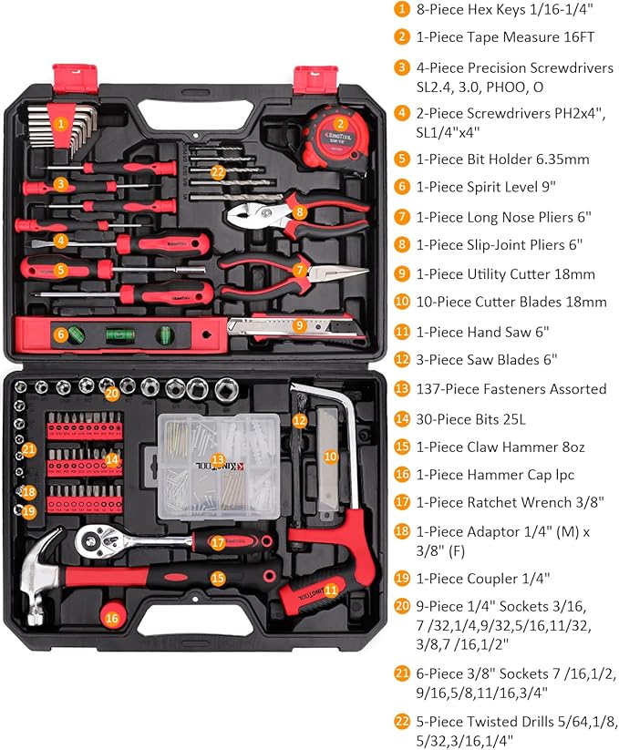 KingTool Home Repair Tool Kit - 226 Piece General Home/Auto Repair Tool Set, General Mechanic Tool Set, General Household Tool Kit, Perfect for Homeowner, Diyer, Handyman