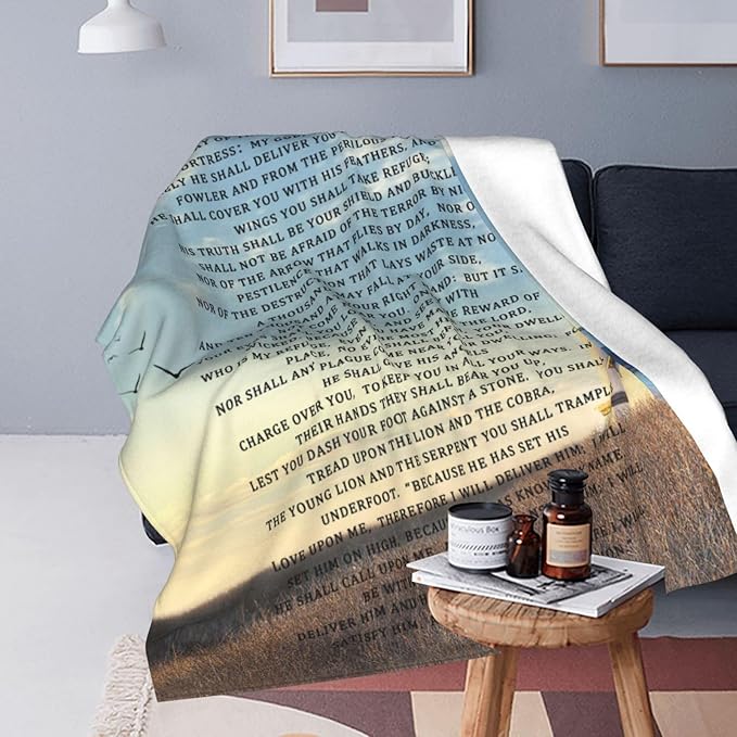 Psalm 91 Blanket Christian Lighthouse Gifts Religious Bible Verse Scripture Throw Blanket Comfy Plush Flannel Fleece Warm Soft Fluffy Fuzzy Blanket for Prayer Women Teens for Bed Sofa Couch 60"X80"
