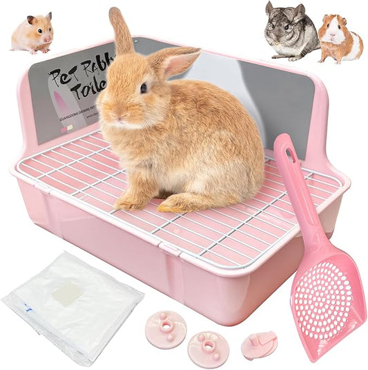 Bunny Litter Box with Grate, Rabbit Corner Litter Pan, Pet Toilet Potty Trainer with Scoop & Disposable Liner for Guinea Pig Ferrets Chinchilla