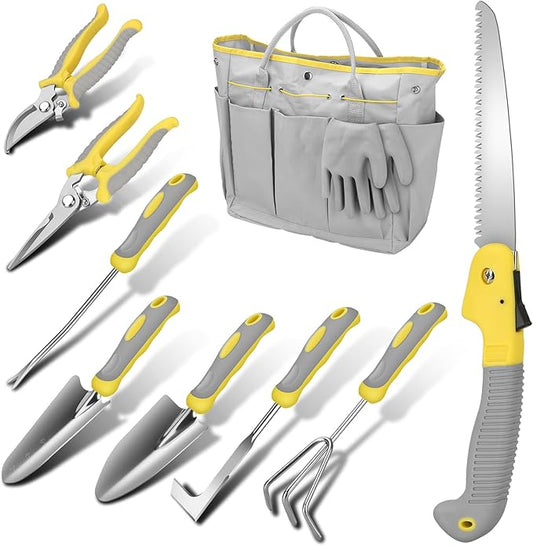 Blumway Garden Tool Sets, 10 Piece Heavy Duty Gardening Tool Set, Stainless Steel Gardening Hand Tools with Garden Tool Bag, Garden Tool Kit for Gardening Supplies,Ideal Garden Gifts for Women Men