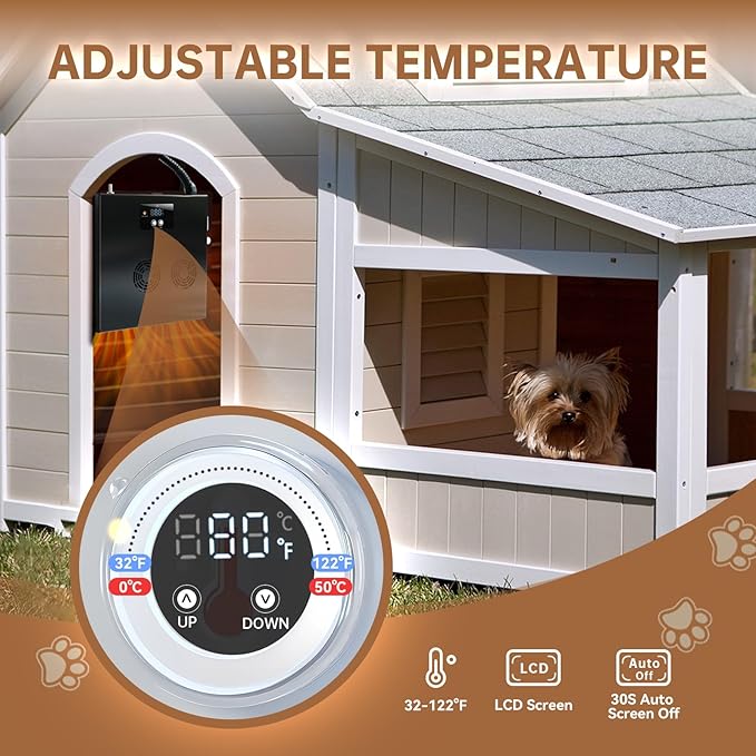 Briidea 400W Dog House Heater with PTC Rapid Heating (3 Seconds), 32℉-122℉ Temperature Range, 11.5FT Anti-Chew Cord, Heats Up to 120 Cubic Feet Dog Houses, Chicken Coops & Rabbit Cages