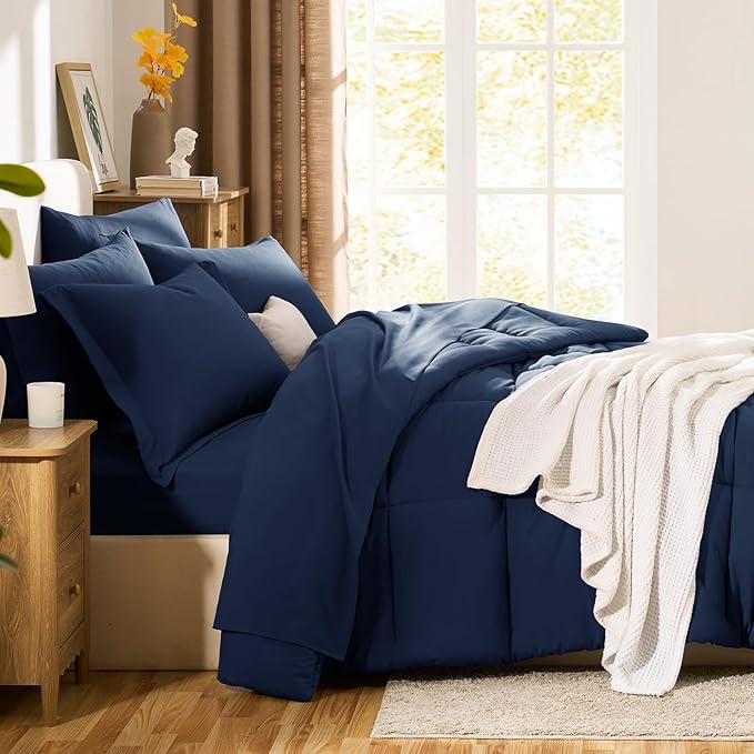 CozyLux King Size Comforter Set Navy Blue - 7 Pieces Bed in a Bag King, Okeo-Tex Certifited Bedding Set, All Season Soft Bed Set with Down Alternative Comforter, Sheets, Pillowcases & Pillow Shams