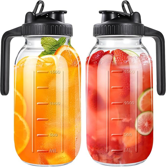 64oz Glass Pitcher with Lid, 2 Quart Mason Jar Pitchers with Lid and Spout, Wide Mouth Breast Milk Pitcher Glass Jug Sun Tea Pitchers, Cold Brew Coffee pitcher, Fridge Container for Water, Juice, Tea
