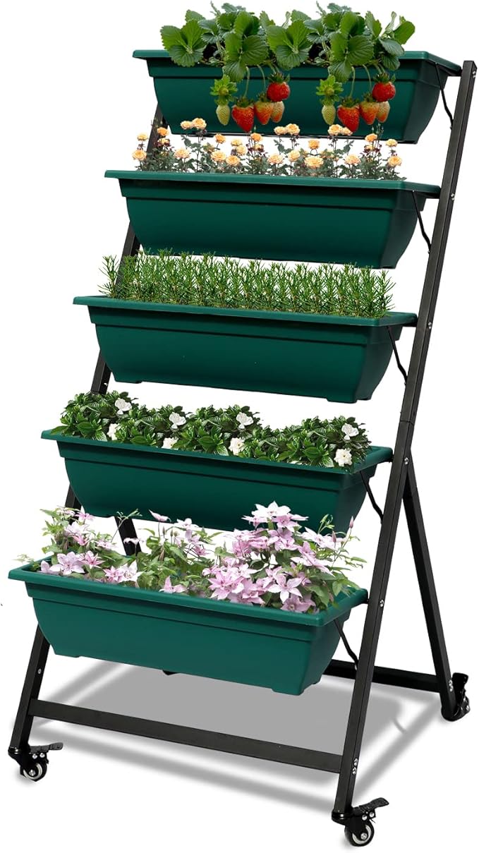 Vertical Raised Garden Bed, Freestanding Elevated Planter with Drain Holes, 5 Tier Planter Box Container Gardening Outdoor Indoor Gift for Flowers Vegetable Seeds Patio Balcony Greenhouse, Green