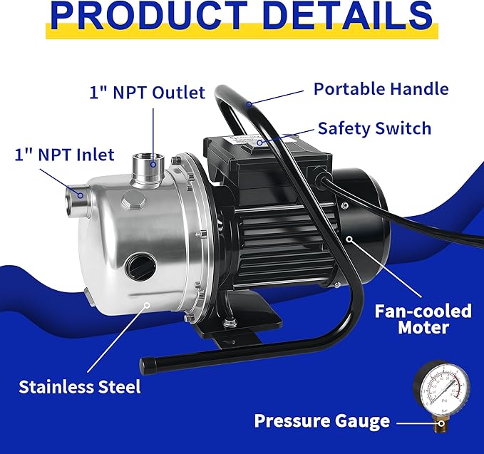 LANCHEZ 1.6 HP Portable Shallow Well Pump, 1162 GPH Stainless Steel Sprinkler Pump, 115V Water Transfer for Garden Draining and Lawn Irrigation