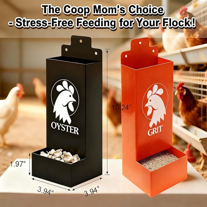 Metal Chicken Grit and Oyster Shell Feeder, Automatic Chicken Feeder - Hanging Gravity Design, Zero-Waste Spill-Proof, Chicken Coop Accessories for Healthier Hens & Eggs