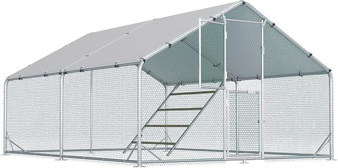 Large Chicken Coop,Metal Chicken Run for Yard with Feeding Door,Walk-in Chicken Pen for 10-20 Chickens,Outdoor Poultry Cage with Anti-UV Cover,Duck Rabbit House