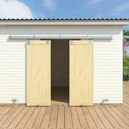 8FT Box Rail Exterior Barn Door Hardware Kit for 2 Doors, Sliding Heavy Duty Barn Door Track, Wall Mount Barn Door Hardware with 5 Track Brackets,Silver(Doors NOT Include)