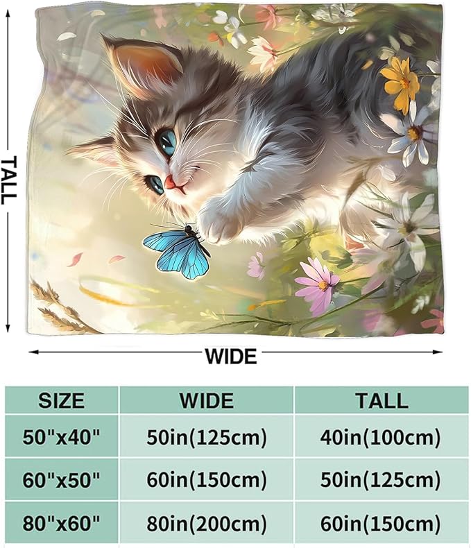 Cat Blanket Gifts for Girls Boys Blue Butterfly Throw Blankets Cozy Plush Cute Flower Fleece Lightweight Flannel Fuzzy 60"X50"