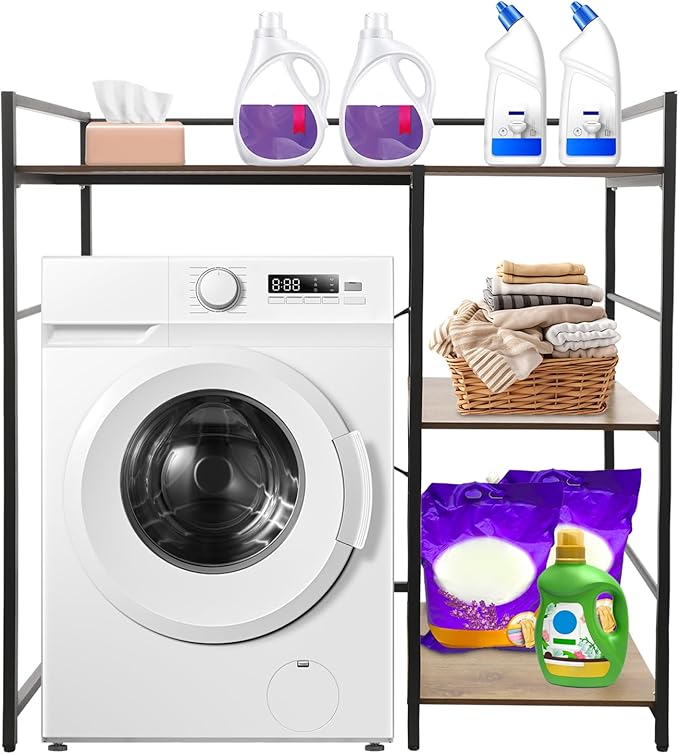 3 Tier Washing Machine Storage Shelf, Laundry Organizer Utility Rack with Side Shelves for Washer Dryer, Black Modern Storage Cabinet for Laundry Room Kitchen Balcony Hotel Porch