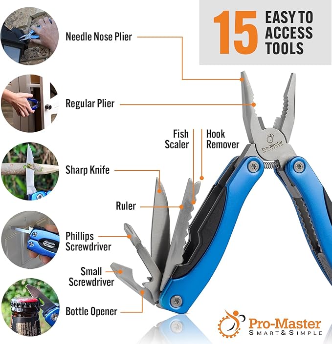 Practical Christmas Stocking Stuffer for Men, Dad, Husband | 15-in-1 Multitool Pocket Knife & Pliers | Compact EDC Camping, Hiking & Survival Gift. Essential Tool Kit for Him with Safety Lock.