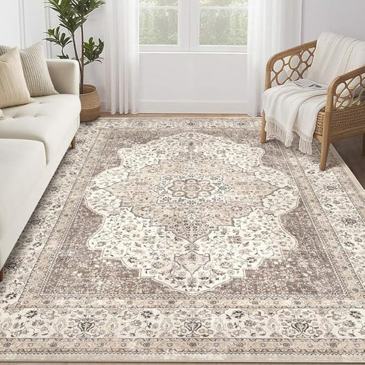 Washable Rug 6x9 Area Rugs for Living Room Bedroom Dining Room Home Office Floor Decor -Stain & Fade Resistant Non Slip Backing Carpet,Ultra-Thin Vintage Large Carpets (Brown/Beige,6'x9')