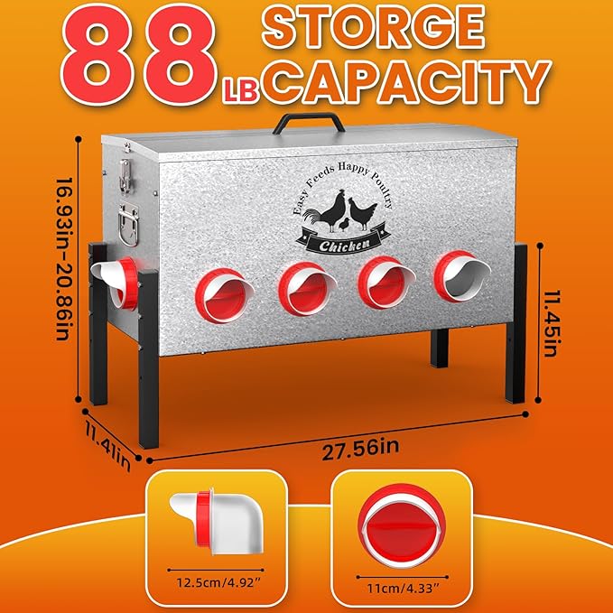 16gal Large Automatic Chicken Feeder - 88LB Capacity 10 Port No Waste Poultry Feeder, Rust-Proof Alloy Steel with Locking Lid & Adjustable Legs for Chickens, Ducks, Geese, Poultry