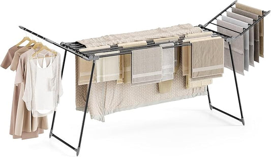 APEXCHASER Clothes Drying Rack Foldable, Large Drying Rack for Clothing Retractable, Winged Laundry Rack Folding Indoor Outdoor, Metal Clothes Airer for Bedding Towel Sweater Heavy Duty, Black