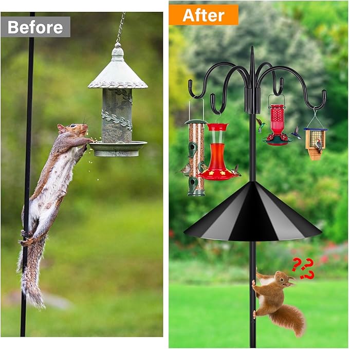 FEED GARDEN 92 Inch Adjustable Shepherd Four Hooks with Squirrel Baffle Heavy Duty Garden Hooks 5-Prong Base Bird Feeder Pole for Hanging Plant Baskets Solar Lights Lanterns