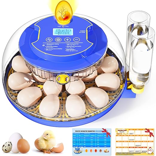 Incubator for Hatching 18 Eggs - Automatic Turning Smart Temp Humidity Control with Alarm, 360° Clear View Candler Function for Chicken Duck Quail Goose Poultry (Dual Trays)