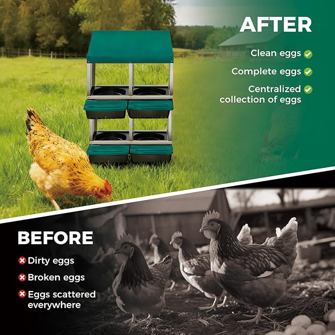 GarveeLife Chicken Nesting Box, 4 Compartments Laying Nest Boxes for Laying Eggs Chicken Brooder Box Nest Box with Perch 2x2 Hole Green